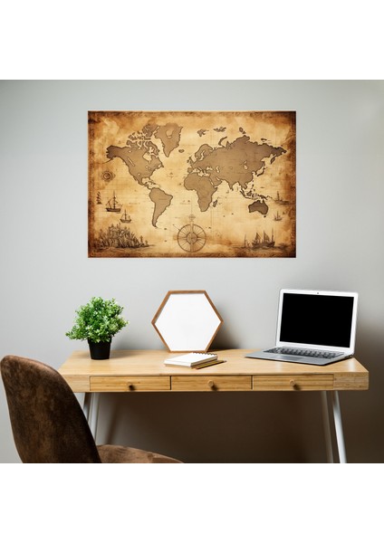 Vintage Dünya Haritası Kanvas Tablo - Dünya Haritası Duvar Dekorasyonu Vintage Tarz Antika Harita Illüstrasyonu modelleri