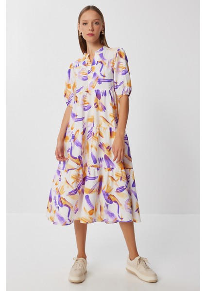 Desenli Volanlı Yazlık Dokuma Elbise LFG0077 Oranj Mor