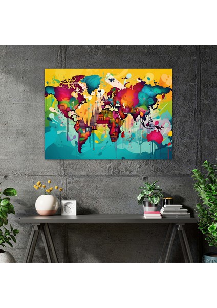 Pop Art Dünya Haritası Kanvas Tablo - Dünya Haritası Grafik Elementler Canlı Renkler Pop Art Illüstrasyon fiyatları