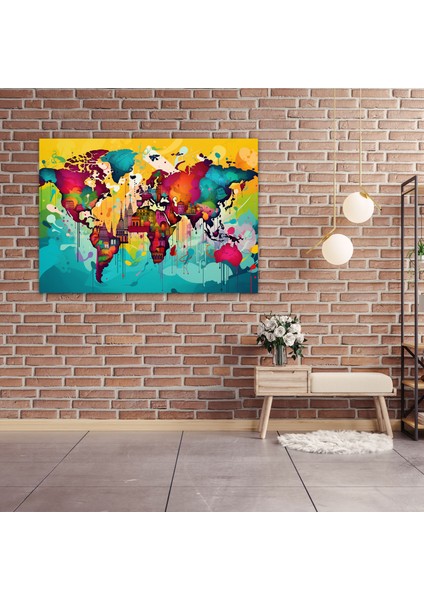 Pop Art Dünya Haritası Kanvas Tablo - Dünya Haritası Grafik Elementler Canlı Renkler Pop Art Illüstrasyon modelleri