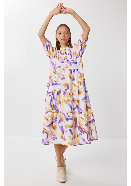 Desenli Volanlı Yazlık Dokuma Elbise LFG0077 Oranj Mor fiyatları