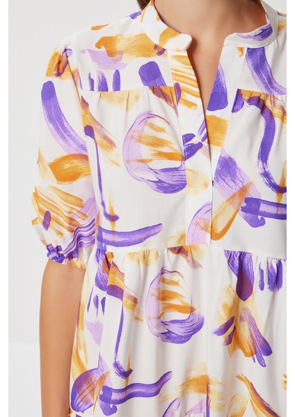 Desenli Volanlı Yazlık Dokuma Elbise LFG0077 Oranj Mor modelleri