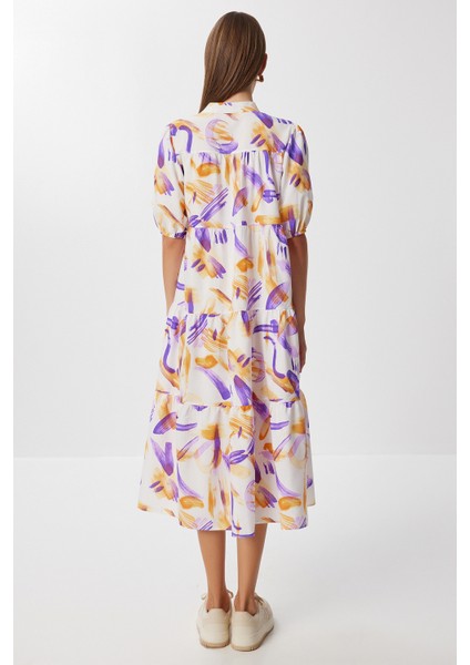 Desenli Volanlı Yazlık Dokuma Elbise LFG0077 Oranj Mor fırsatları