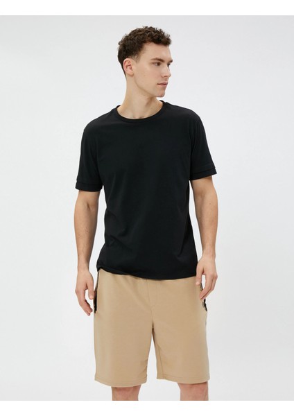 Bermuda Şort Slogan Baskılı Beli Bağcıklı Fermuar Cepli Dar Kesim