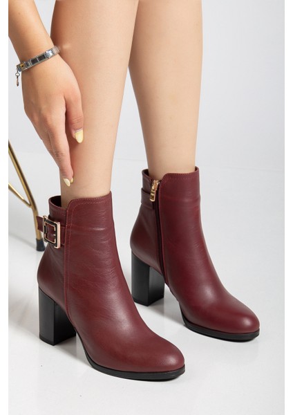 Kadın Hakiki Deri Tokalı Topuklu Bot - Bordo Şık Görünüm Ve Rahat Yürüyüş İçin