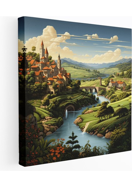 Rönesans Manzara Kanvas Tablosu - Rönesans Dalgalar Halindeki Tepeler Huzurlu Nehir Kanvas Duvar Sanatı