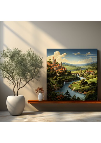 Rönesans Manzara Kanvas Tablosu - Rönesans Dalgalar Halindeki Tepeler Huzurlu Nehir Kanvas Duvar Sanatı modelleri