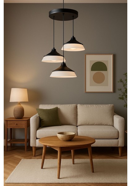 Trinova 3lü Siyah-Beyaz Avize Salon Oturma Odası