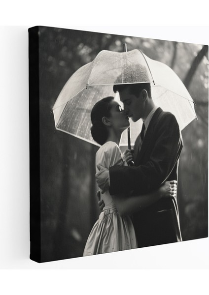 Vintage Sevgi Şemsiye Altında Kanvas Tablo - Romantik Duvar Sanatı Fotoğraf