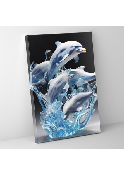 Gerçekçi Cam Heykel - Mat Yüzeyli Yunuslar Okyanus Kanvas Tablo - Oynaklık ve Neşe Içeren Gerçekçi Cam Heykel Kanvas Tablo