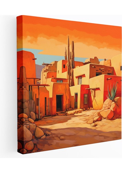 Güneybatı Duvar Dekorasyonu: Adobe Pueblo Köyü - Güneybatı Duvar Sanatı Çöl Manzarası Adobe Pueblo Köyü