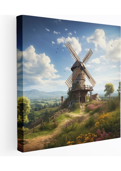 Rustik Rüzgar Değirmeni Kanvas Tablo - Vintage Dekorasyon Duvar Süsü