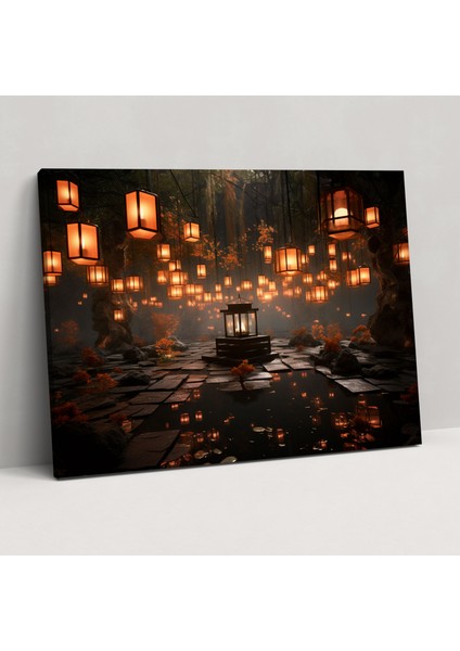 Doğaçlama Zen Bahçesi Kanvas Tablo - Modern Dijital Sanat Yüzen Fenerler Doğaüstü Atmosfer