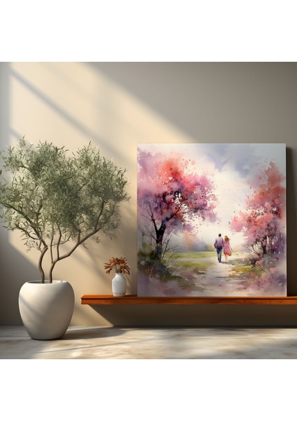Romantik Çiçeklenen Yol Kanvas Tablo - Romantik Duvar Dekorasyonu Suluboya Çift fiyatları