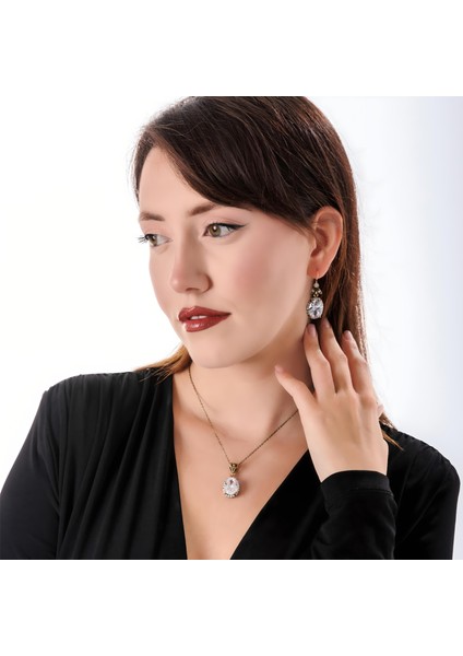 Kösem Sultan Kadın 2'li Takı Seti Küpe Kolye Takım Bakır El Yapımı Kristal Taşlı Kararma Yapmaz Kutulu