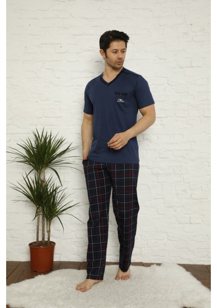Erkek V Yaka Ekose Desen %100 Pamuk Kısa Kol Cepli Pijama Takımı