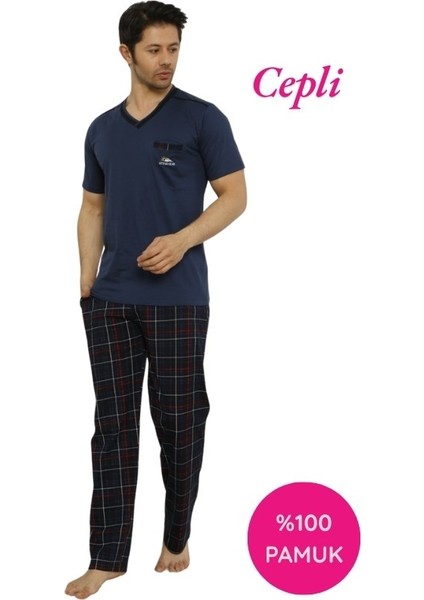 Erkek V Yaka Ekose Desen %100 Pamuk Kısa Kol Cepli Pijama Takımı fiyatları