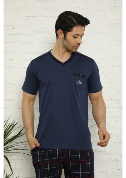 Erkek V Yaka Ekose Desen %100 Pamuk Kısa Kol Cepli Pijama Takımı modelleri