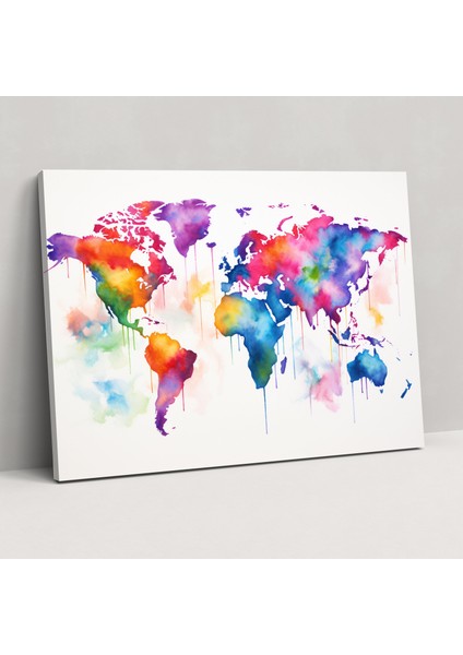 Modern Suluboya Dünya Haritası Duvar Sanatı - Dünya Haritası Çağdaş Canlı Renkler