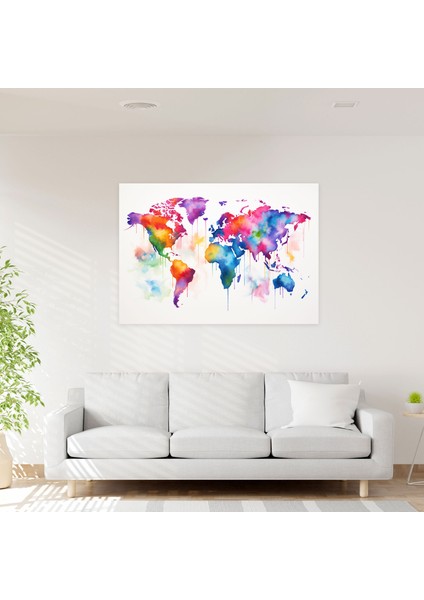 Modern Suluboya Dünya Haritası Duvar Sanatı - Dünya Haritası Çağdaş Canlı Renkler fiyatları