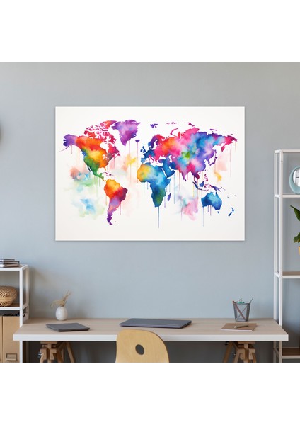 Modern Suluboya Dünya Haritası Duvar Sanatı - Dünya Haritası Çağdaş Canlı Renkler modelleri