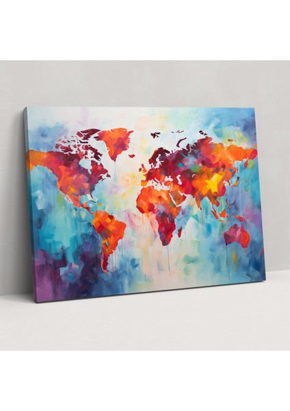 Dünya Haritası Soyut Yağlı Boya Kanvas Tablo - Dünya Haritası Kanvas Tablo Cesur Fırça Darbeleri