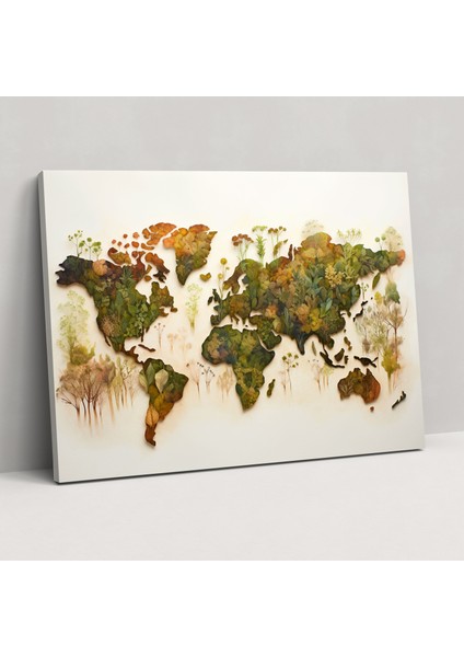 Bitkisel Dünya Haritası Kanvas Tablo - Doğadan Esinlenen Suluboya Dünya Haritası Duvar Dekorasyonu