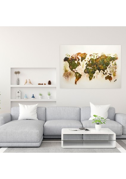 Bitkisel Dünya Haritası Kanvas Tablo - Doğadan Esinlenen Suluboya Dünya Haritası Duvar Dekorasyonu fiyatları