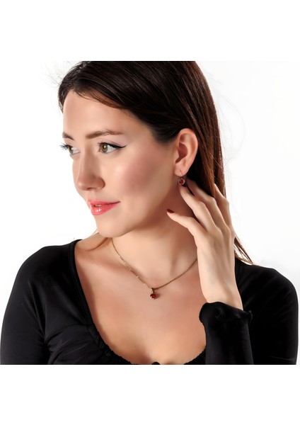 Harmoni Tektaş Kırmızı Kadın 2'li Takı Seti Küpe Kolye Takım Bakır El Yapımı Kararma Yapmaz Kutulu