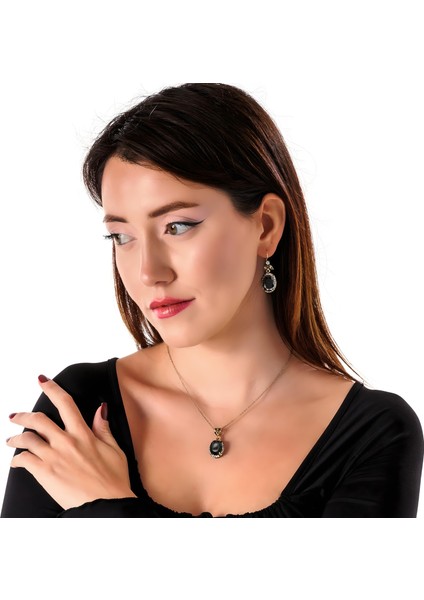 Kösem Sultan Siyah Kadın 2'li Takı Seti Küpe Kolye Takım Bakır El Yapımı Kararma Yapmaz Kutulu