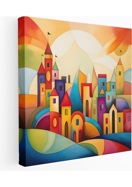 Somut Köy Manzara Kanvas Tablosu - Geometrik Şekiller Duvar Dekorasyonu