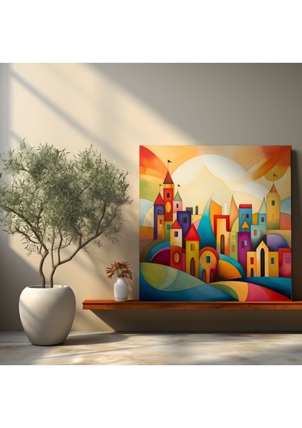 Somut Köy Manzara Kanvas Tablosu - Geometrik Şekiller Duvar Dekorasyonu fiyatları