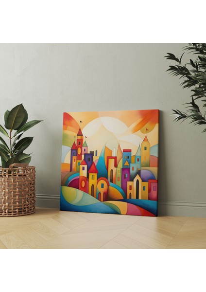 Somut Köy Manzara Kanvas Tablosu - Geometrik Şekiller Duvar Dekorasyonu modelleri