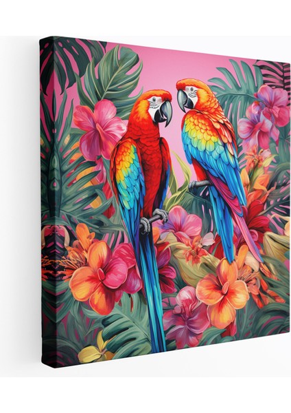 Tropikal Vahşi Yaşam Kanvas Tablo - Tropikal Kanvas Tablo Tropikal Çiçekler Canlı Papağanlar