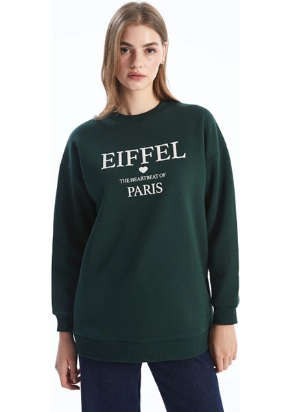 Lcw Modest Yeşil Bisiklet Yaka Baskılı Oversize Kadın Sweatshirt Tunik