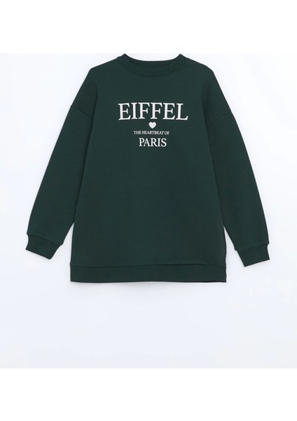 Lcw Modest Yeşil Bisiklet Yaka Baskılı Oversize Kadın Sweatshirt Tunik indirimleri