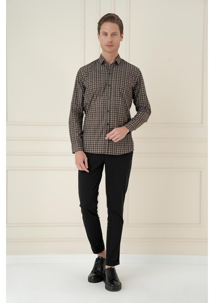 Slim Fit Kazayağı Desenli %100 Pamuk Casuel Kahve Gömlek G 1585