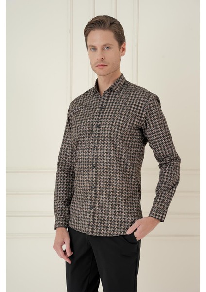 Slim Fit Kazayağı Desenli %100 Pamuk Casuel Kahve Gömlek G 1585 fiyatları
