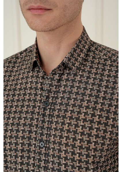 Slim Fit Kazayağı Desenli %100 Pamuk Casuel Kahve Gömlek G 1585 fırsatları