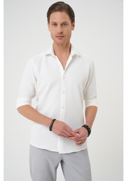 Slim Fit Gofre Kumaş Desenli Kısa Kol Beyaz Gömlek G 1592 modelleri