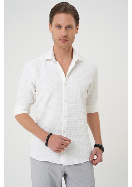 Slim Fit Gofre Kumaş Desenli Kısa Kol Beyaz Gömlek G 1592 indirimleri