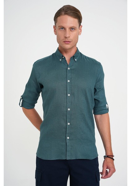 Comfort Fit Düğme Yaka Katlanır Kol %100 Keten Düz Nefti Gömlek G 1595