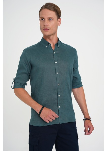 Comfort Fit Düğme Yaka Katlanır Kol %100 Keten Düz Nefti Gömlek G 1595 modelleri