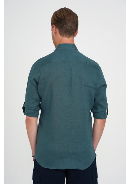 Comfort Fit Düğme Yaka Katlanır Kol %100 Keten Düz Nefti Gömlek G 1595 fırsatları