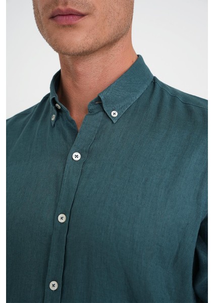 Comfort Fit Düğme Yaka Katlanır Kol %100 Keten Düz Nefti Gömlek G 1595 indirimleri