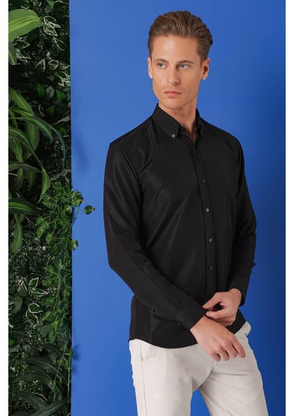 Slim Fit Düğmeli Yaka Pamuklu Klasik Siyah Gömlek Gk 715 fırsatları