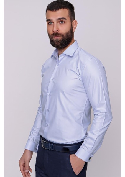 Slim Fit Pamuk Saten Duble Manşetli Klasik Açık Mavi Gömlek Gk 235 fiyatları