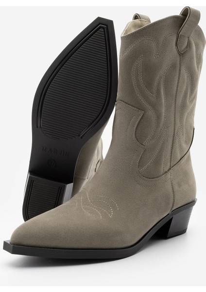 Kadın Sivri Burun Nakışlı Western Bot Nilva Vizon Süet