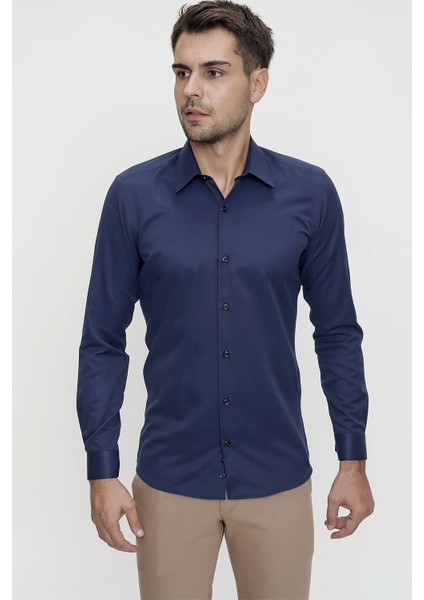 Slim Fit Pamuk Saten Klasik Lacivert Gömlek Gk 624