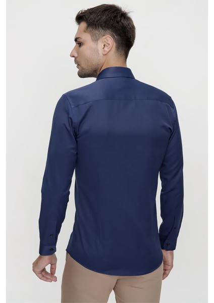 Slim Fit Pamuk Saten Klasik Lacivert Gömlek Gk 624 modelleri